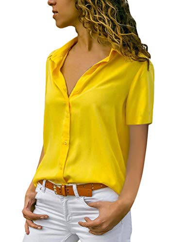 Minetom Damen Chiffon Kurzarm Blusen V Ausschnitt Mode T-Shirt Oberteile Elegant Hemd Top Einfarbig Kurzarm Bluse Casual Sommer Knopf Tunika Gelb 46 von Minetom