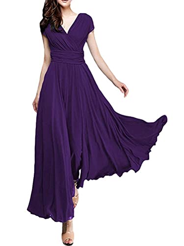 Minetom Damen Chiffon Maxi Kleid Hohe Taille Langes Abendkleid Partykleid Hochzeit Brautjungfer Brautkleid Cocktail Festliches Kleid Boho V-Ausschnitt Kurzarm Sommerkleid A Violett 34 von Minetom