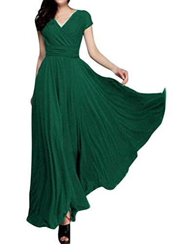 Minetom Damen Chiffon Maxi Kleid Hohe Taille Langes Abendkleid Partykleid Hochzeit Brautjungfer Brautkleid Cocktail Festliches Kleid Boho V-Ausschnitt Kurzarm Sommerkleid Grün 42 von Minetom