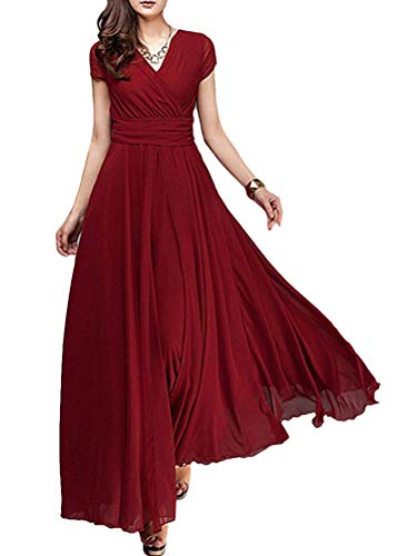 Minetom Damen Chiffon Maxi Kleid Hohe Taille Langes Abendkleid Partykleid Hochzeit Brautjungfer Brautkleid Cocktail Festliches Kleid Boho V-Ausschnitt Kurzarm Sommerkleid Rot 46 von Minetom