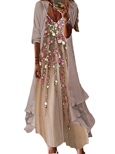 Minetom Damen Chiffon Sommerkleider Blumen Drucken Cocktailkleid Partykleid Brautjungfernkleider Für Hochzeit Maxi Abendkleider Ärmellos Damenkleider Tüll Cardigan A8 Khaki 3XL von Minetom