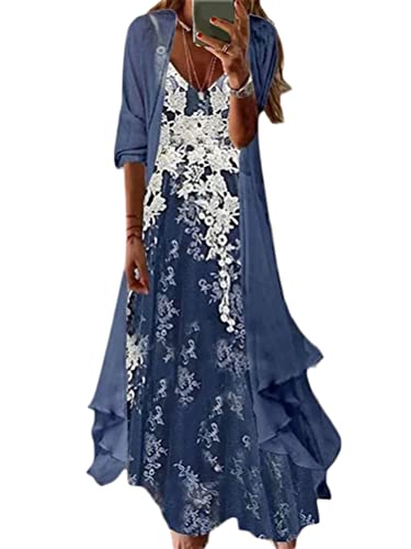 Minetom Damen Chiffon Sommerkleider Blumen Drucken Cocktailkleid Partykleid Brautjungfernkleider Für Hochzeit Maxi Abendkleider Ärmellos Vintage Damenkleider Tüll Cardigan A5 Blau XL von Minetom