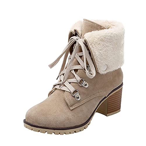 Minetom Damen Chunky Heels Ankle Boots Mit Schnürung Blockabsatz Schuhe Beige 38 EU von Minetom