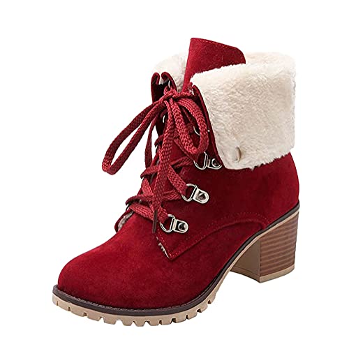 Minetom Damen Chunky Heels Ankle Boots Mit Schnürung Blockabsatz Schuhe Rot 36 EU von Minetom