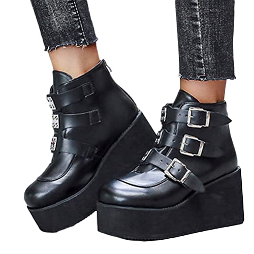 Minetom Damen Chunky Schuhe Blockabsatz Plaftorm Gotisch Stiefeletten Punk Gothic Plateau Ankle Boots Reißverschluss High Heels A Schwarz 42 EU von Minetom