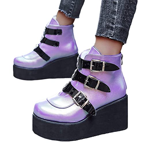 Minetom Damen Chunky Schuhe Blockabsatz Plaftorm Gotisch Stiefeletten Punk Gothic Plateau Ankle Boots Reißverschluss High Heels A Violett 41 EU von Minetom