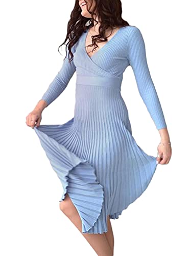 Minetom Damen Cocktail Festlich Hochzeit Party Kleid Langarm V-Ausschnitt Herbst Winter Pullover Strickkleid Sweatkleid Elegant Midi Plissee Abendkleid Z2 Blau 38 von Minetom