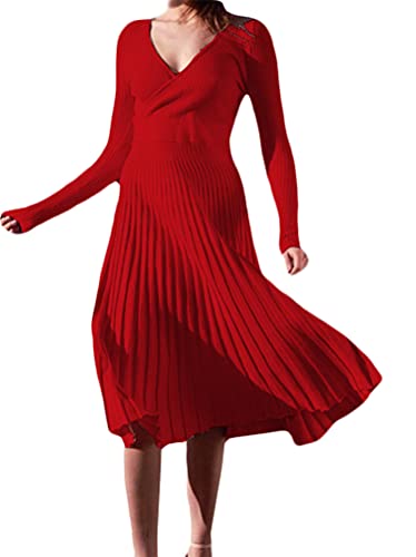 Minetom Damen Cocktail Festlich Hochzeit Party Kleid Langarm V-Ausschnitt Herbst Winter Pullover Strickkleid Sweatkleid Elegant Midi Plissee Abendkleid Z2 Rot 36 von Minetom