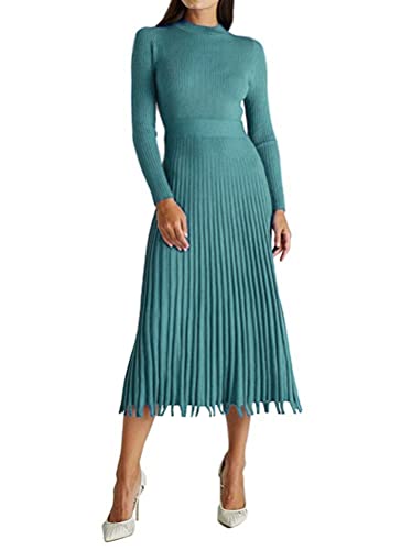 Minetom Damen Cocktail Festlich Hochzeit Party Kleid Langarm Winter Pullover Strickkleid Sweatkleid Elegant Midi Plissee Abendkleid Grün 34 von Minetom