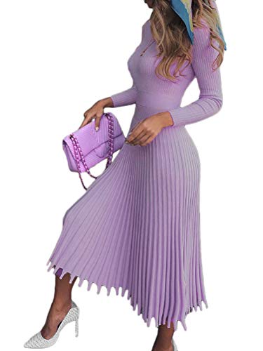 Minetom Damen Cocktail Festlich Hochzeit Party Kleid Langarm Winter Pullover Strickkleid Sweatkleid Elegant Midi Plissee Abendkleid Violett 36 von Minetom