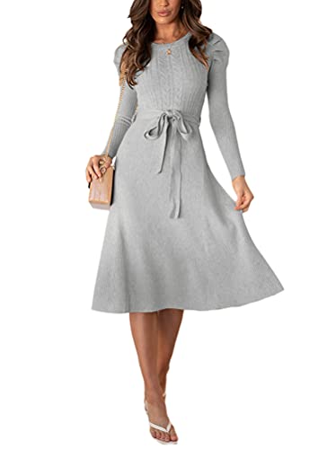 Minetom Damen Cocktail Festlich Hochzeit Party Kleid Langarm Winter Pullover Strickkleid Sweatkleid Elegant Midi Plissee Abendkleid mit Gürtel Z1 Grau 36 von Minetom