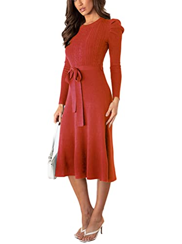 Minetom Damen Cocktail Festlich Hochzeit Party Kleid Langarm Winter Pullover Strickkleid Sweatkleid Elegant Midi Plissee Abendkleid mit Gürtel Z1 Rot 40 von Minetom