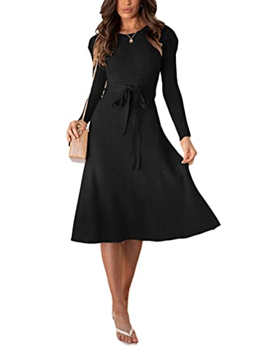 Minetom Damen Cocktail Festlich Hochzeit Party Kleid Langarm Winter Pullover Strickkleid Sweatkleid Elegant Midi Plissee Abendkleid mit Gürtel Z1 Schwarz 34 von Minetom