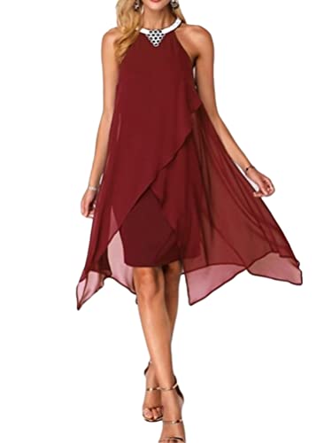 Minetom Damen Cocktailkleid Ärmellos Festliche Brautjungfernkleider Für Hochzeit Knielang Abendkleider Chiffonkleid Sommerkleid A Rot L von Minetom