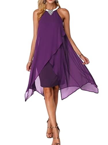 Minetom Damen Cocktailkleid Ärmellos Festliche Brautjungfernkleider Für Hochzeit Knielang Abendkleider Chiffonkleid Sommerkleid A Violett XL von Minetom