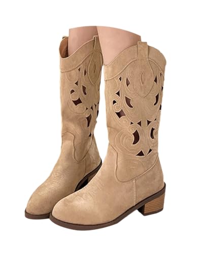 Minetom Damen Cowboystiefel Herbst Elegante Hohl Stiefel Bequem Atmungsaktiv Biker Boots mit Blockabsatz A Beige 36 EU von Minetom