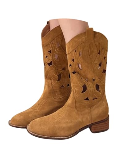 Minetom Damen Cowboystiefel Herbst Elegante Hohl Stiefel Bequem Atmungsaktiv Biker Boots mit Blockabsatz A Braun 35 EU von Minetom