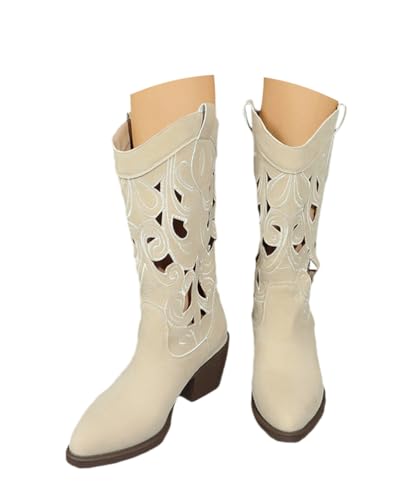 Minetom Damen Cowboystiefel Herbst Elegante Hohl Stiefel Bequem Atmungsaktiv Biker Boots mit Blockabsatz B Beige 38 EU von Minetom