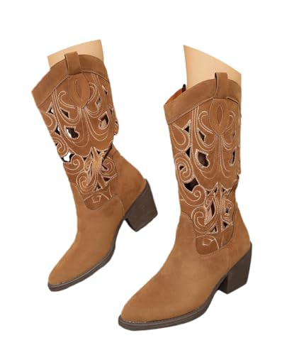 Minetom Damen Cowboystiefel Herbst Elegante Hohl Stiefel Bequem Atmungsaktiv Biker Boots mit Blockabsatz B Braun 1 38 EU von Minetom