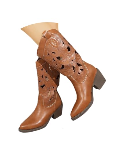 Minetom Damen Cowboystiefel Herbst Elegante Hohl Stiefel Bequem Atmungsaktiv Biker Boots mit Blockabsatz B Braun 2 39 EU von Minetom
