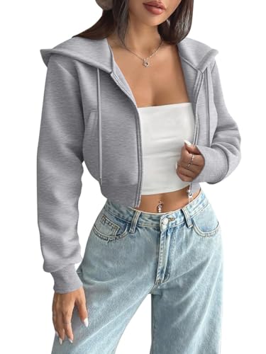 Minetom Damen Cropped Hoodie Kurz Sweatjacke Mit Kapuze Zip Up Kapuzenjacke Kapuzenpullover Herbst Winter Sweatshirt B Grau S von Minetom