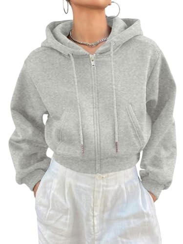 Minetom Damen Cropped Hoodie Kurz Sweatjacke Mit Kapuze Zip Up Kapuzenjacke Kapuzenpullover Reißverschluss Herbst Winter Sweatshirt Jacke Übergangsjacke A Hellgrau XS Minetom Damen Cropped Hoodie Kurz Sweatjacke Mit Kapuze Zip Up Kapuzenjacke Kapuzenpullover Reißverschluss Herbst Winter Sweatshirt Jacke Übergangsjacke A Hellgrau XS von Minetom