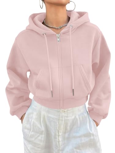 Minetom Damen Cropped Hoodie Kurz Sweatjacke Mit Kapuze Zip Up Kapuzenjacke Kapuzenpullover Reißverschluss Herbst Winter Sweatshirt Jacke Übergangsjacke A Rosa S von Minetom