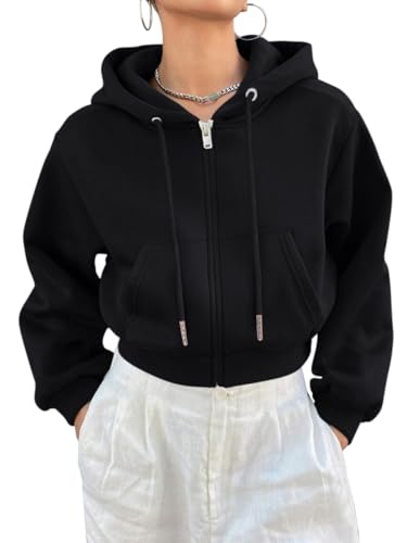 Minetom Damen Cropped Hoodie Kurz Sweatjacke Mit Kapuze Zip Up Kapuzenjacke Kapuzenpullover Reißverschluss Herbst Winter Sweatshirt Jacke Übergangsjacke A Schwarz S von Minetom