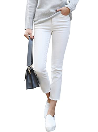 Minetom Damen Cropped Jeans Casual Straight Stretch Elastisch Bequem Jeanshose Denim Gerade Hose Streetwear D Weiß L von Minetom