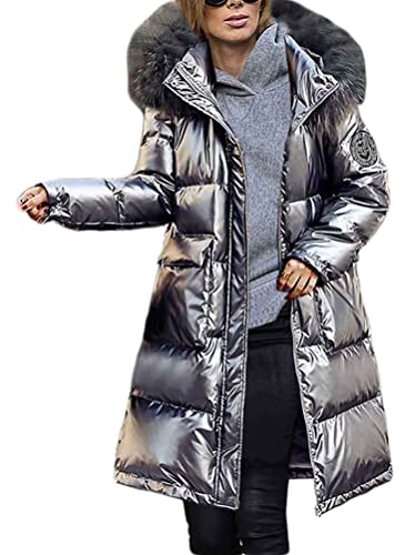 Minetom Damen Daunenjacke Lang Mantel Daunenmantel Steppmantel Wintermantel Mit Kapuze Winter Warm Parka Winddicht Jacke Steppjacke Steppmantel B Silber M von Minetom