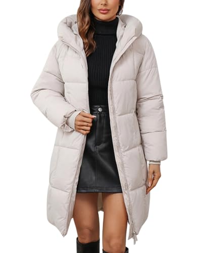 Minetom Damen Daunenjacke Lang Mantel Steppmantel Winterjacke Wintermantel Mit Kapuze Winter Warm Jacke Outdoorjacke Steppjacke Steppmantel mit Taschen A Beige S von Minetom