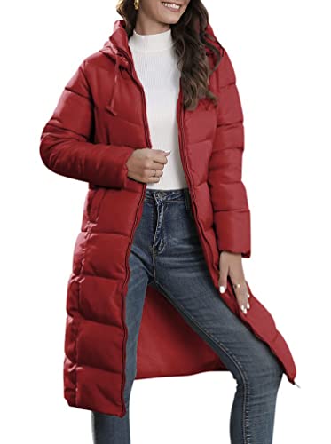 Minetom Damen Daunenjacke Lang Mantel Steppmantel Wintermantel Kapuze Winter Warm Jacke Outdoorjacke Steppjacke Steppmantel A Rot M von Minetom