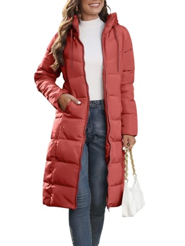 Minetom Damen Daunenjacke Lang Mantel Steppmantel Wintermantel Mit Kapuze Winter Warm Jacke Outdoorjacke Steppjacke Steppmantel B Hellrot XS von Minetom