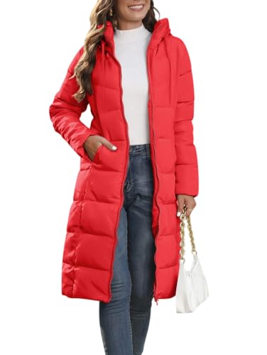 Minetom Damen Daunenjacke Lang Mantel Steppmantel Wintermantel Mit Kapuze Winter Warm Jacke Outdoorjacke Steppjacke Steppmantel B Rot L von Minetom