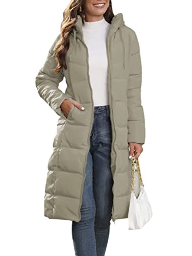 Minetom Damen Daunenjacke Lang Mantel Steppmantel Wintermantel Mit Kapuze Winter Warm Jacke Steppjacke Steppmantel A Beige L von Minetom