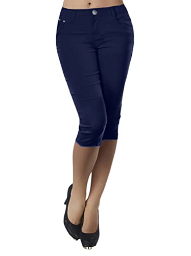Minetom Damen Denim 3/4 Hose Kurze Caprihose Sommer Bermuda Stretch Jeans Hose Sommerhose Skinny Leggings Freizeithose A Marine M von Minetom
