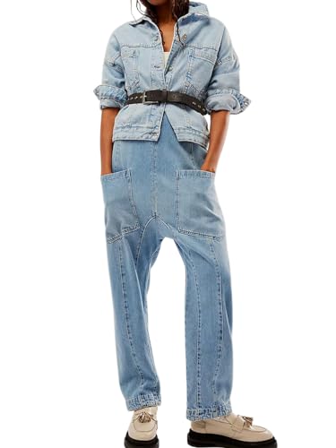 Minetom Damen Denim Latzhose Straight Leg Jeans V-Ausschnitt Overalls Mit Taschen Boyfriend Jean Teenager Jumpsuits Sommeroverall Jeanshose A Hellblau L von Minetom