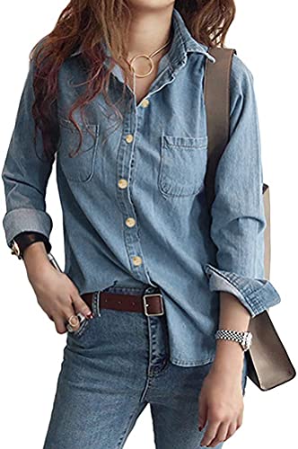 Minetom Damen Denim Shirt Hemd Damen Boyfriend Shirt Jean Blusen Shirts Hemden Jeansbluse Jeanshemd Mit Langarm V-Ausschnitt Rüschen Ärmeln G Blau L von Minetom