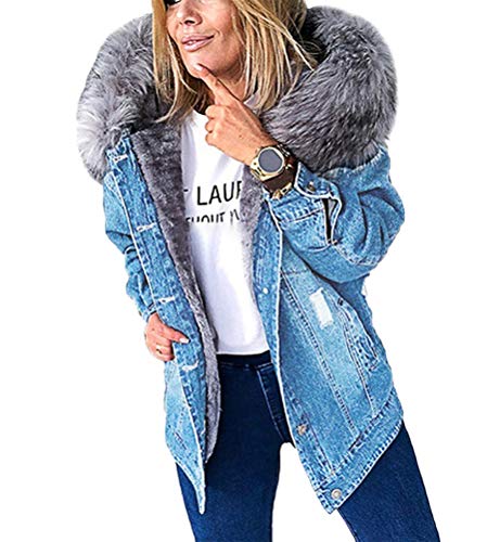 Minetom Damen Denim Winterjacke Jeansjacke Künstliches Fellkapuze Jacket Übergangsjacke Jeans Künstliche Fleece Gefüttert Mantel Kapuzenjacke Outwear A Hellblau S von Minetom