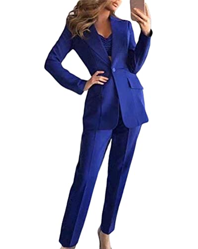 Minetom Damen Dreiteiliger Anzug Set Revers Business Büro Formal Blazer Langarm Anzugjacke Hosenanzug Slim Fit Jacke Hose Crop Top 3 Stück Blau XS von Minetom