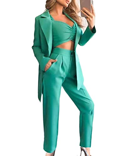 Minetom Damen Dreiteiliger Anzug Set Revers Business Büro Formal Blazer Langarm Anzugjacke Hosenanzug Slim Fit Jacke Hose Crop Top 3 Stück Grün S von Minetom