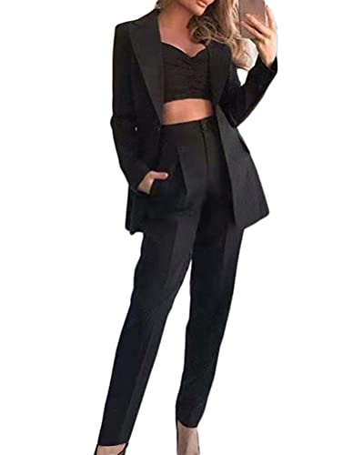 Minetom Damen Dreiteiliger Anzug Set Revers Business Büro Formal Blazer Langarm Anzugjacke Hosenanzug Slim Fit Jacke Hose Crop Top 3 Stück Schwarz XS von Minetom