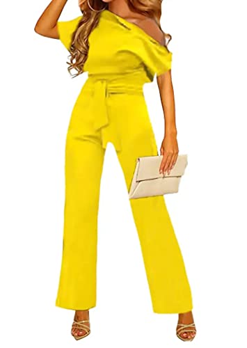 Minetom Damen Eine Schulter Elegant Lang Jumpsuit Overall Hosenanzug Einfarbig Party Hochzeit Festlich Playsuit Romper mit Gürtel Taschen B Gelb M von Minetom