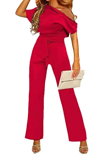 Minetom Damen Eine Schulter Elegant Lang Jumpsuit Overall Hosenanzug Einfarbig Party Hochzeit Festlich Playsuit Romper mit Gürtel Taschen B Rot M von Minetom