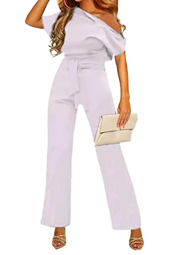 Minetom Damen Eine Schulter Elegant Lang Jumpsuit Overall Hosenanzug Einfarbig Party Hochzeit Festlich Playsuit Romper mit Gürtel Taschen B Weiß XL von Minetom