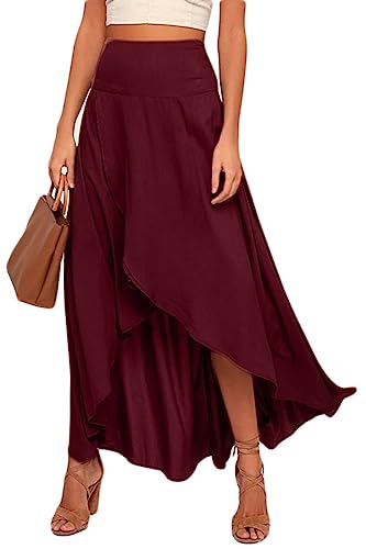 Minetom Damen Einfarbig Langer Rock Hohe Taille Sommer Leicht Wickel Maxiröcke Mit Schlitz Wickelrock Freizeitrock Midi Rock A Weinrot XS von Minetom