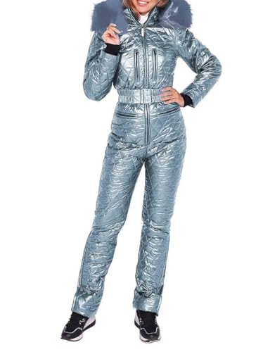 Minetom Damen Einteiliger Skioverall Winter Warm Schnee Skifahren Sätze Outdoor Jumpsuit Langer Overall mit Kapuze Reißverschluss Skianzüge Wasserdicht Winddicht Schneeanzug A Silber M von Minetom