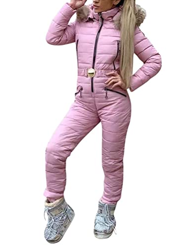 Minetom Damen Einteiliger Skioverall Winter Warm Schnee Skifahren Sätze Outdoor Jumpsuit Langer Overall mit Kapuze Reißverschluss Skianzüge Wasserdicht Winddicht Schneeanzug C Rosa XS von Minetom