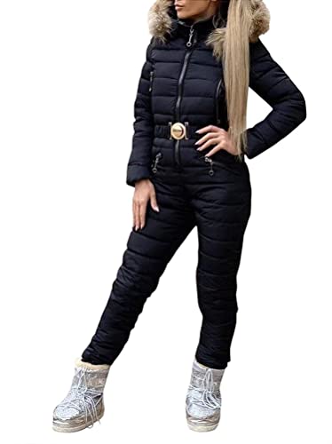 Minetom Damen Einteiliger Skioverall Winter Warm Schnee Skifahren Sätze Outdoor Jumpsuit Langer Overall mit Kapuze Reißverschluss Skianzüge Wasserdicht Winddicht Schneeanzug C Schwarz L von Minetom