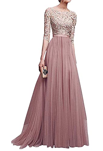 Minetom Damen Frauen Brautjungfernkleid Lang Abendkleider mit Spitze 2/3 Ärmel Brautkleid Partykleider Cocktailkleid Lang Empire Rock aus Chiffon Pink DE 40 von Minetom